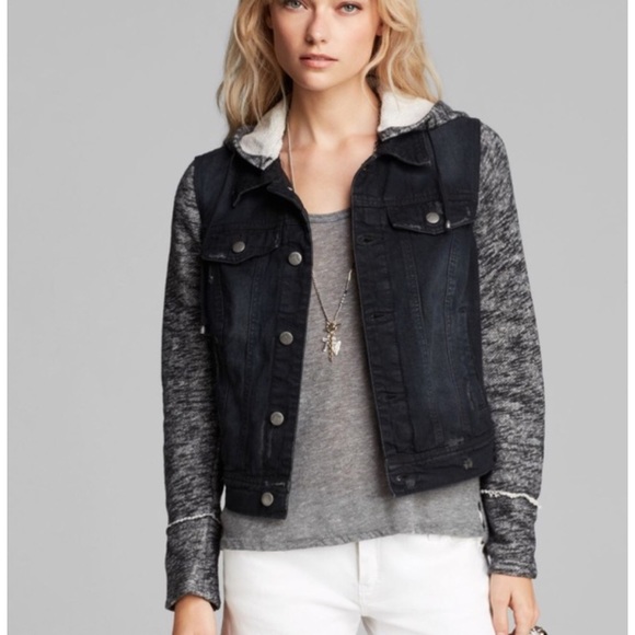 Free People Mixed Media Hooded Distressed Denim Jacket Large